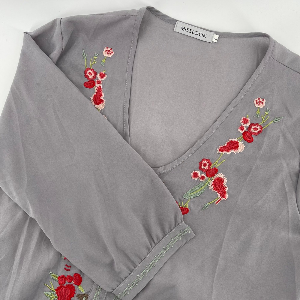MISSLOOK Embroidered Tunic Top Floral Accents Button Detail‎ Gray Size L